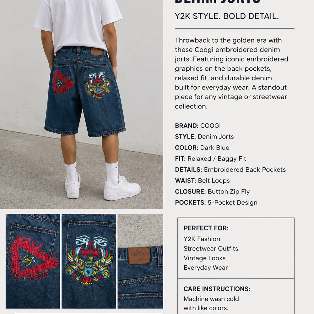Coogi Embroidered Denim Jorts – Y2K Baggy Streetwear Shorts